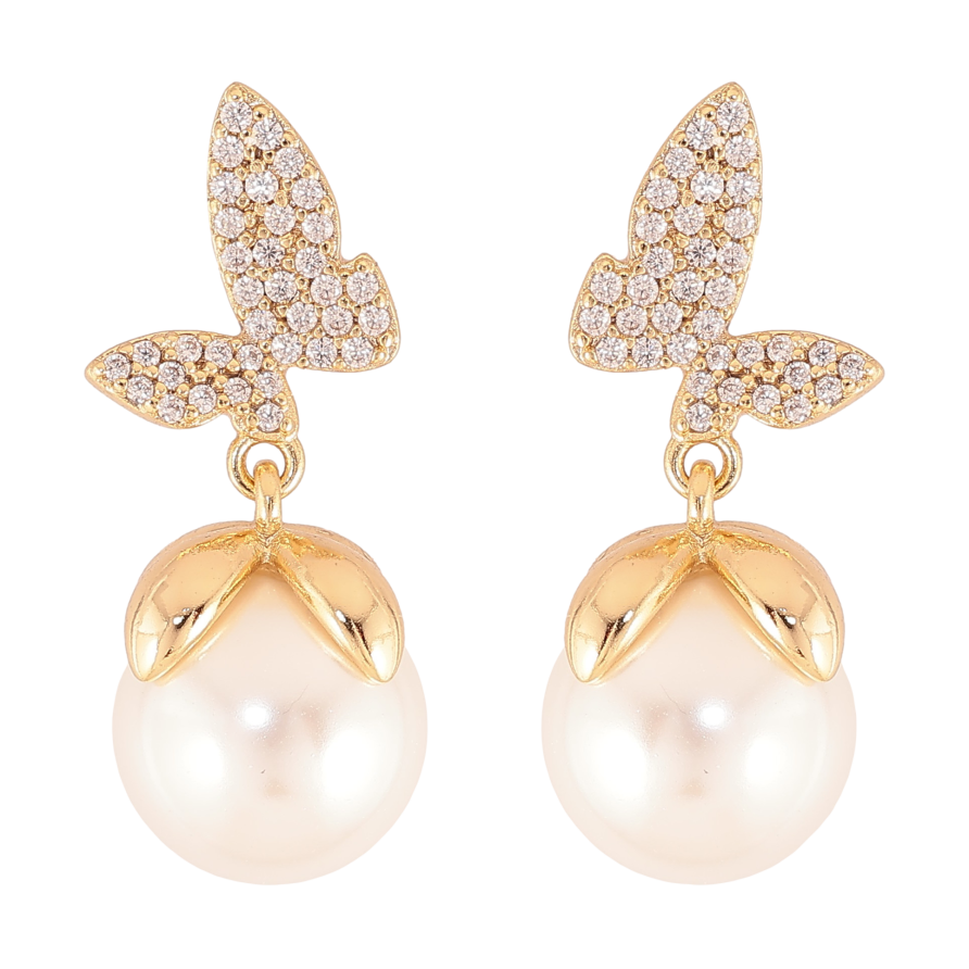 Серьги Xuping цвет Позолота 14K пусеты "Бабочки с жемчужными подвесками" фото №1