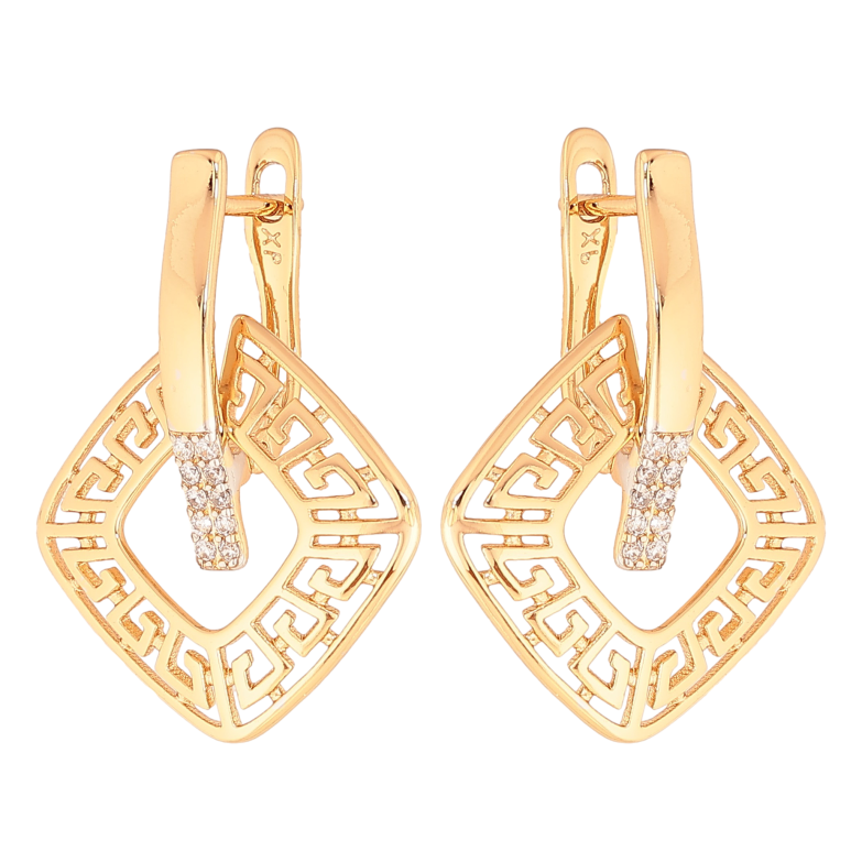 Сережки Xuping колір Позолота 18K + Родій англійський замок "Грецький візерунок з кристалами" фото №1 Сережки Xuping колір Позолота 18K + Родій англійський замок "Грецький візерунок з кристалами" фото №1