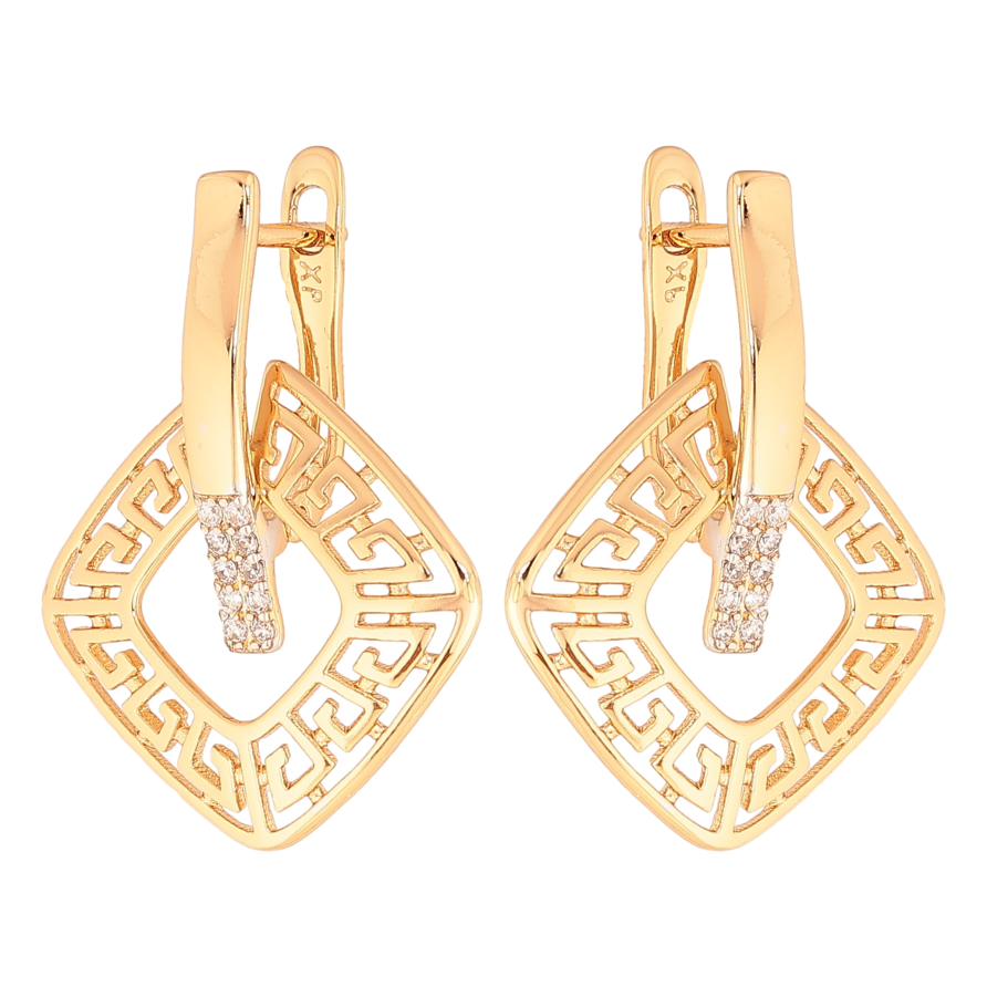 Сережки Xuping колір Позолота 18K + Родій англійський замок "Грецький візерунок з кристалами" фото №1 Сережки Xuping колір Позолота 18K + Родій англійський замок "Грецький візерунок з кристалами" фото №1