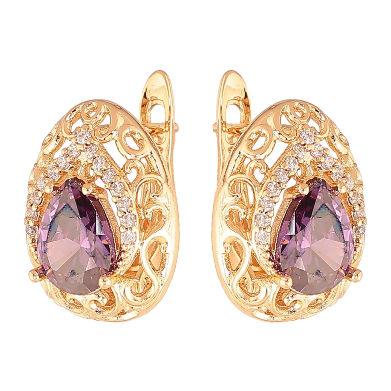 Серьги Xuping цвет Позолота 18K английский замок "Ажурные капельки с сиреневыми кристаллами" фото №1 Серьги Xuping цвет Позолота 18K английский замок "Ажурные капельки с сиреневыми кристаллами" фото №1