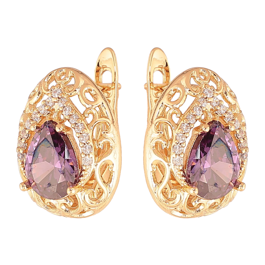 Серьги Xuping цвет Позолота 18K английский замок "Ажурные капельки с сиреневыми кристаллами" фото №1 Серьги Xuping цвет Позолота 18K английский замок "Ажурные капельки с сиреневыми кристаллами" фото №1