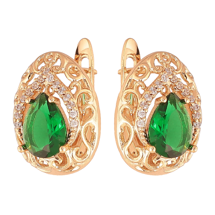 Сережки Xuping колір Позолота 18K англійський замок "Ажурні крапельки з зеленими кристалами" фото №16