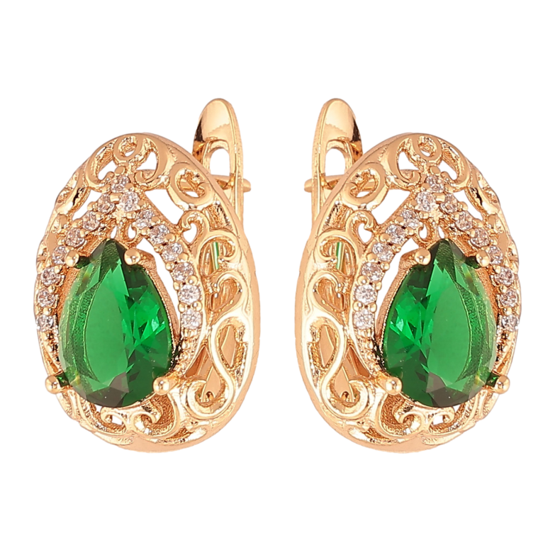 Серьги Xuping цвет Позолота 18K английский замок "Ажурные капельки с зелеными кристаллами" фото №1
