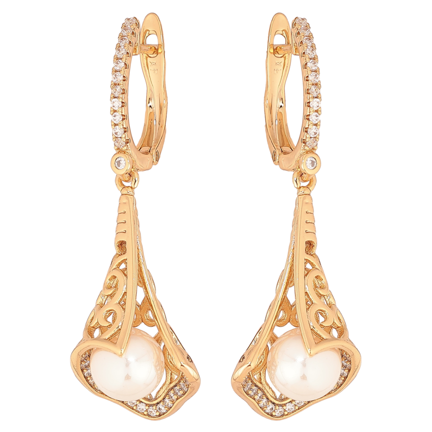 Серьги Xuping цвет Позолота 18К английский замок "Ажурные подвески с жемчужинами" фото №1