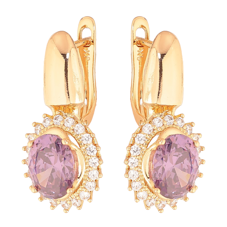 Сережки Xuping колір Позолота 18K англійський замок "Бузкові кристали в обрамленні" фото №1