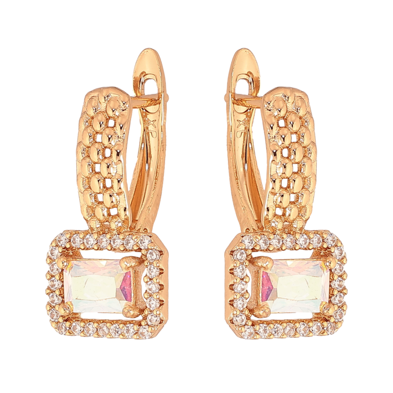 Серьги Xuping цвет Позолота 18К английский замок "Узор с радужным кристаллом в обрамлении" фото №1