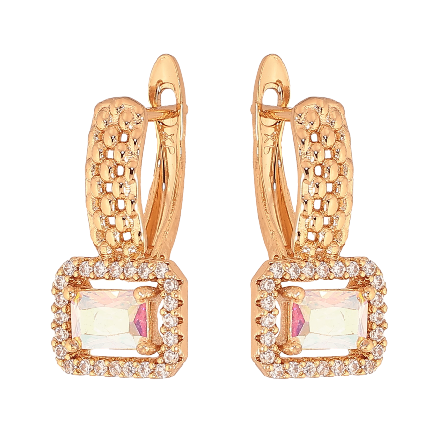 Серьги Xuping цвет Позолота 18К английский замок "Узор с радужным кристаллом в обрамлении" фото №1