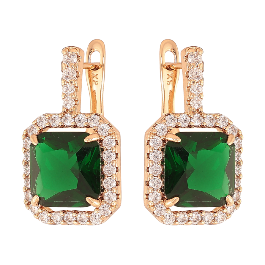 Серьги Xuping цвет Позолота 18К английский замок "Зеленые кристаллы в обрамлении" фото №1