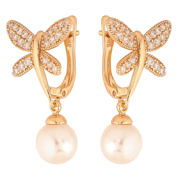 Серьги Xuping цвет Позолота 18К английский замок "Бабочки с жемчужными подвесками" фото №20