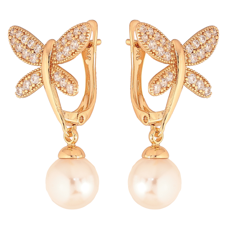 Серьги Xuping цвет Позолота 18К английский замок "Бабочки с жемчужными подвесками" фото №1