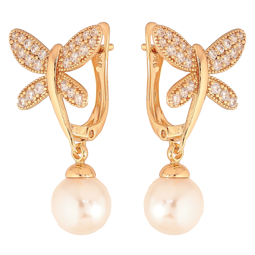 Серьги Xuping цвет Позолота 18К английский замок "Бабочки с жемчужными подвесками" фото №1