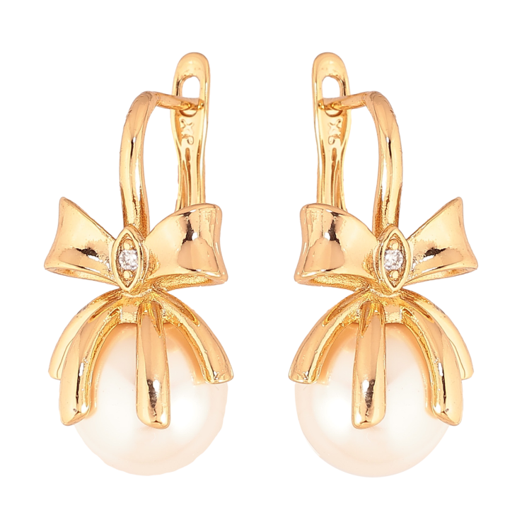 Серьги Xuping цвет Позолота 18К английский замок "Бантики с жемчужинами" фото №10