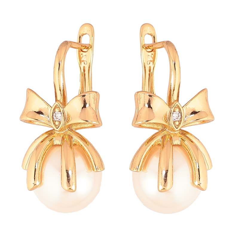 Серьги Xuping цвет Позолота 18К английский замок "Бантики с жемчужинами" фото №1