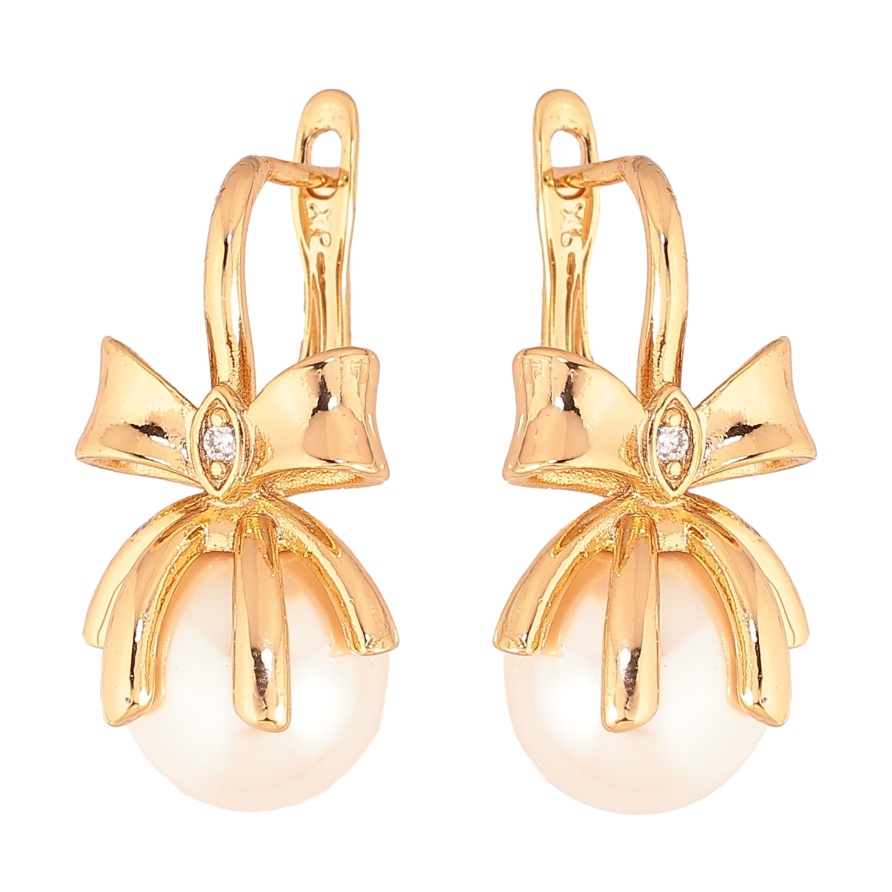 Серьги Xuping цвет Позолота 18К английский замок "Бантики с жемчужинами" фото №1