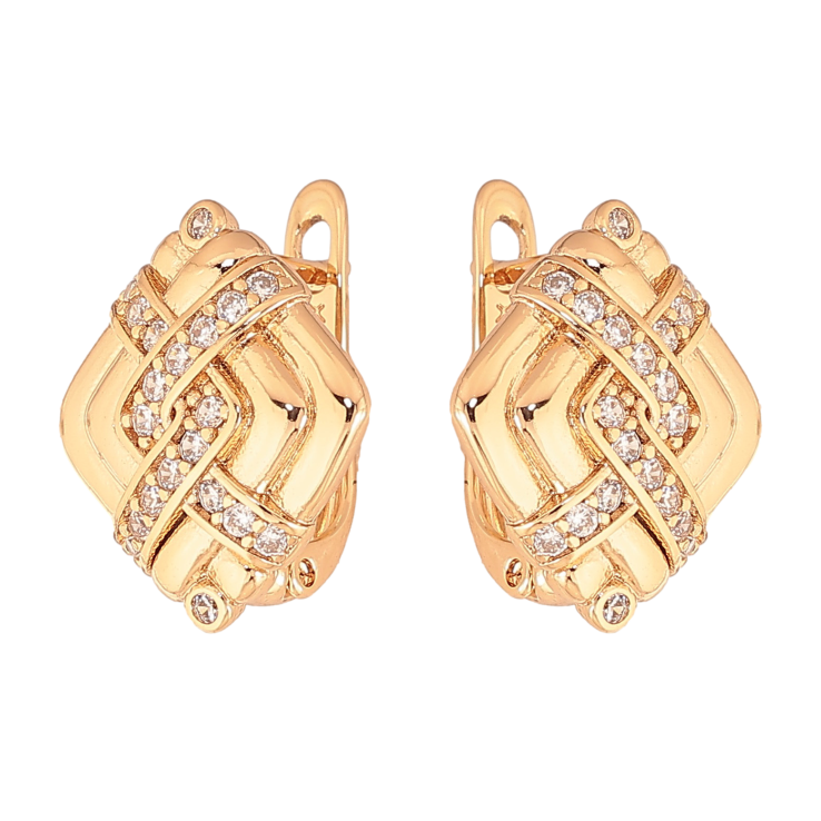 Сережки Xuping колір Позолота 18K англійський замок "Ромби з візерунком кристалами" фото №12 Сережки Xuping колір Позолота 18K англійський замок "Ромби з візерунком кристалами" фото №12