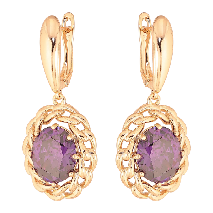Серьги Xuping цвет Позолота 18К английский замок "Подвески с сиреневыми кристаллами" фото №2