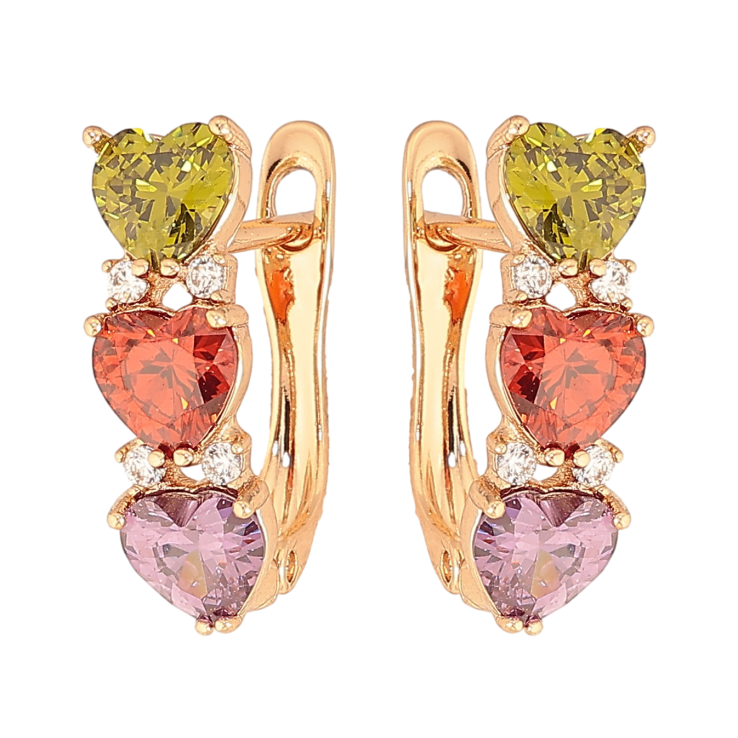 Сережки Xuping колір Позолота 18K англійський замок "Різнокольорові кристальні серця" фото №9