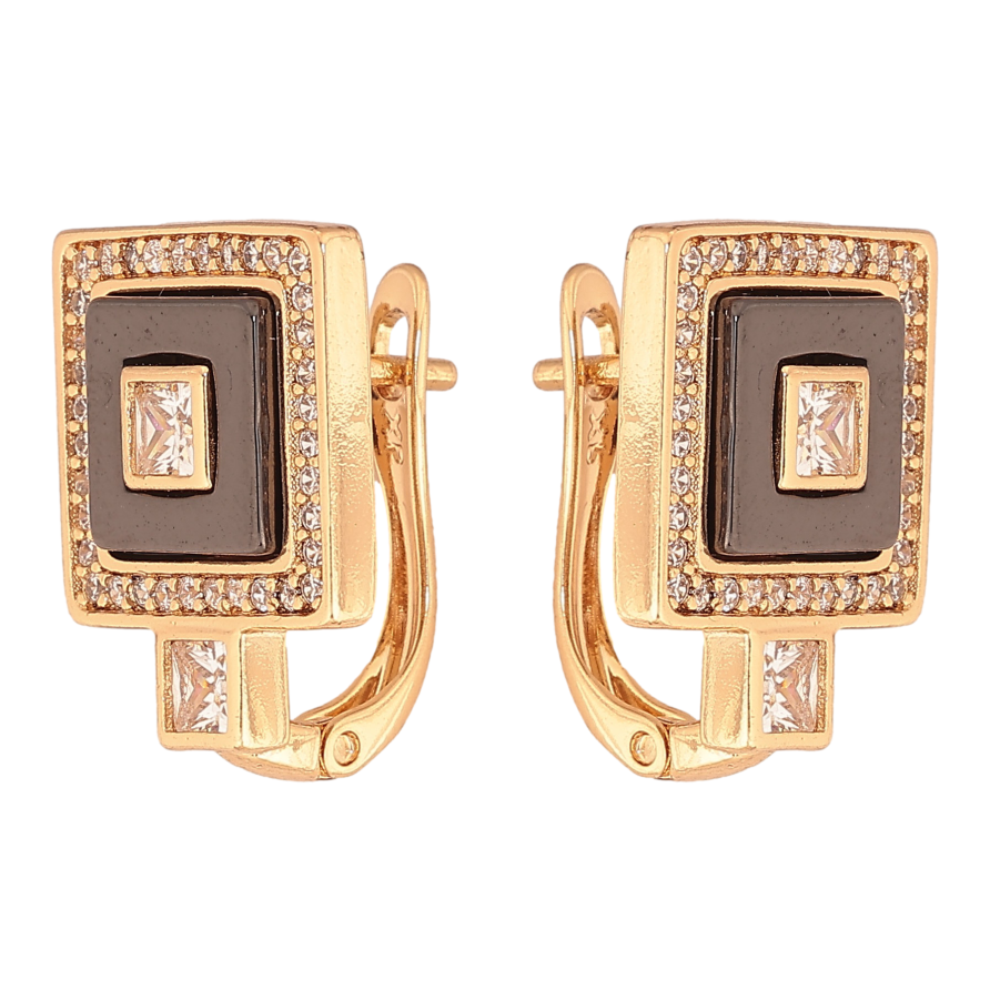 Серьги Xuping цвет Позолота 18К английский замок "Квадраты с черной керамикой и кристаллами" фото №1 Серьги Xuping цвет Позолота 18К английский замок "Квадраты с черной керамикой и кристаллами" фото №1