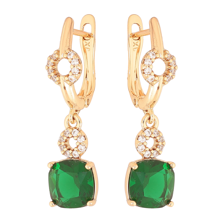 Серьги Xuping цвет Позолота 18K английский замок "Подвески с зелеными кристаллами" фото №1