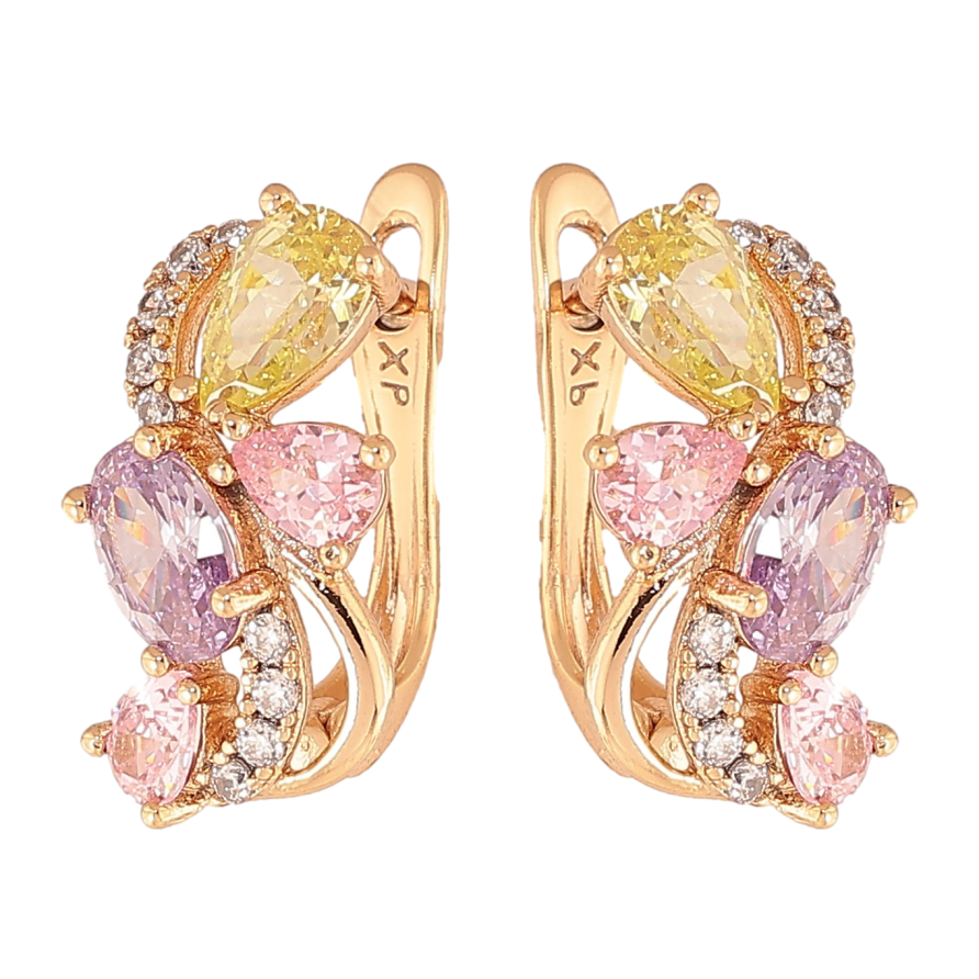 Сережки Xuping колір Позолота 18К англійський замок Візерунок з різнокольоровими кристалами фото №1