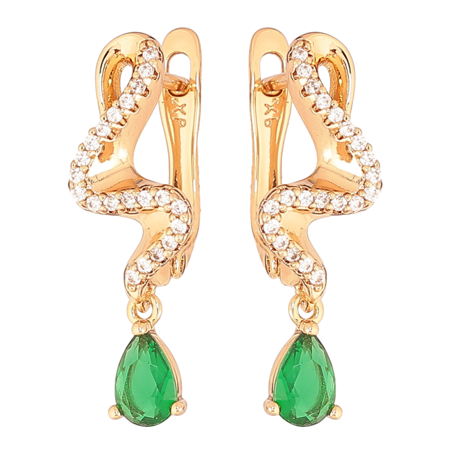 Сережки Xuping колір Позолота 18K англійський замок "Підвіски з зеленими кристалами" фото №1