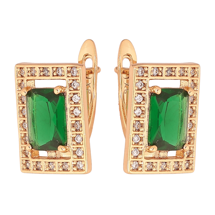 Серьги Xuping цвет Позолота 18К английский замок "Прямоугольники с зелеными кристаллами" фото №4