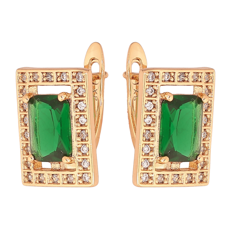 Серьги Xuping цвет Позолота 18К английский замок "Прямоугольники с зелеными кристаллами" фото №1