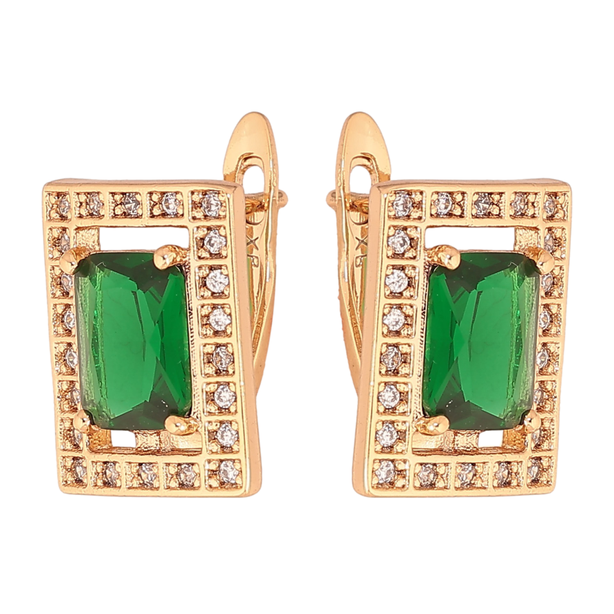 Серьги Xuping цвет Позолота 18К английский замок "Прямоугольники с зелеными кристаллами" фото №1