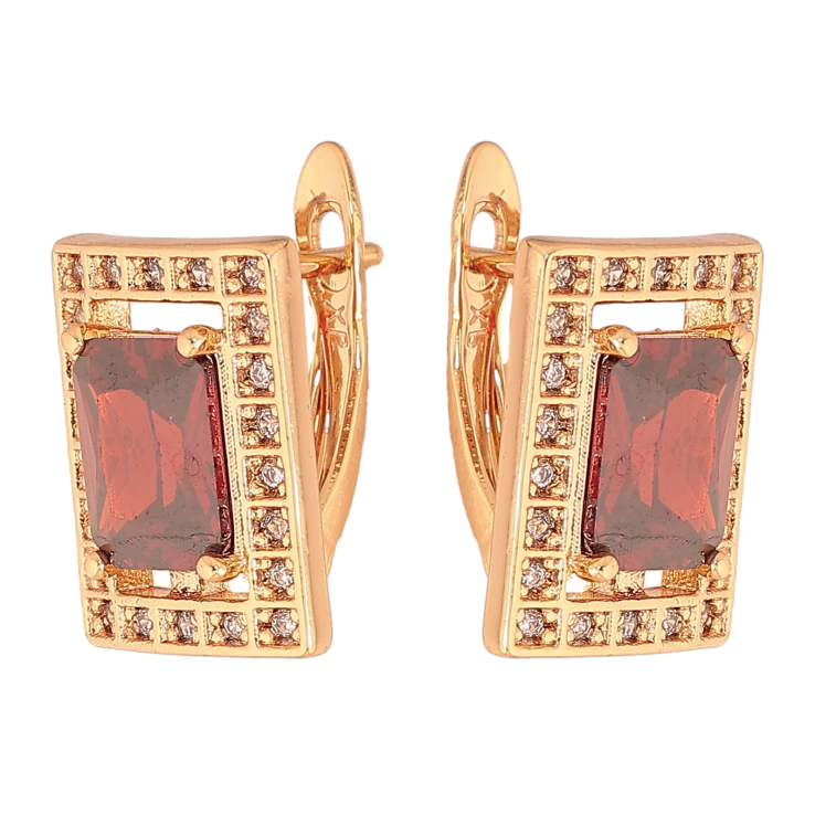 Серьги Xuping цвет Позолота 18К английский замок "Прямоугольники с красными кристаллами" фото №6