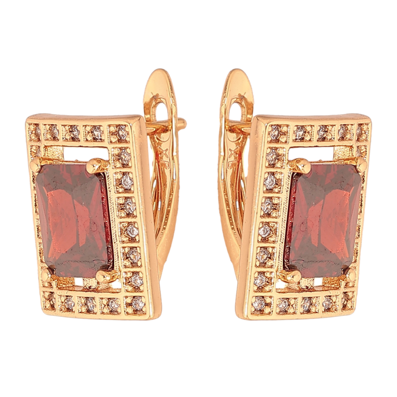 Сережки Xuping колір Позолота 18К англійський замок "Прямокутники з червоними кристалами" фото №1