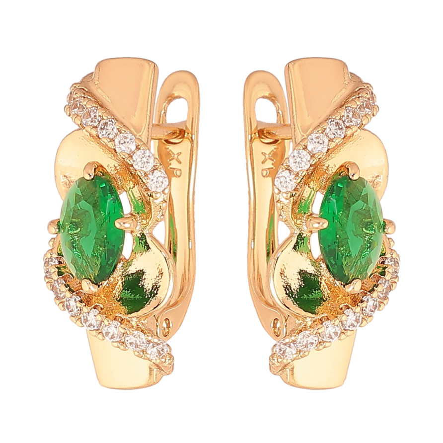 Сережки Xuping колір Позолота 18К англійський замок "Візерунок з зеленими кристалами" фото №1