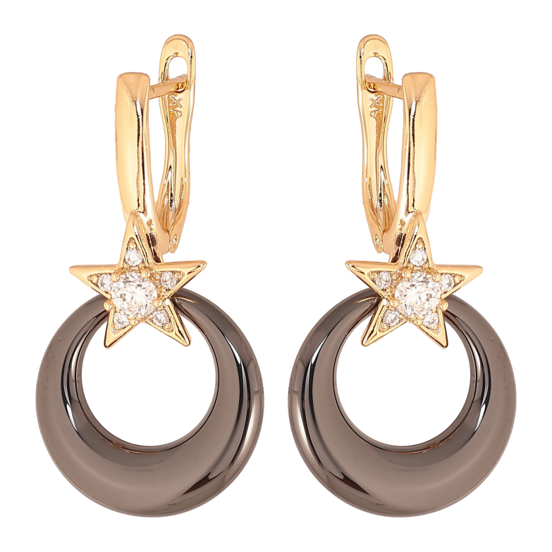 Сережки Xuping колір Позолота 18К англійський замок "Зірки з чорними керамічними підвісками" фото №2