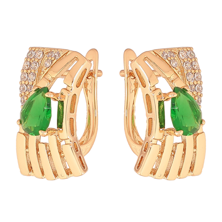 Серьги Xuping цвет Позолота 18К английский замок "Узор с зелеными кристаллами" фото №14