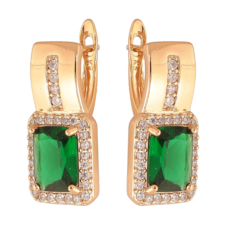 Сережки Xuping колір Позолота 18K англійський замок "Візерунок з зеленими кристалами" фото №2 Сережки Xuping колір Позолота 18K англійський замок "Візерунок з зеленими кристалами" фото №2