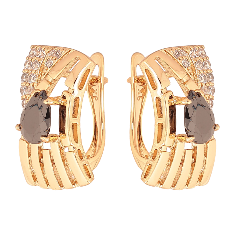 Серьги Xuping цвет Позолота 18К английский замок "Узор с черными кристаллами" фото №1