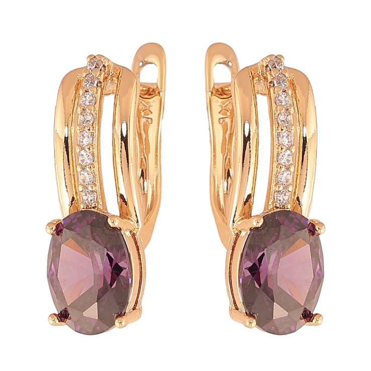 Серьги Xuping цвет Позолота 18К английский замок "Узор с сиреневыми кристаллами"  фото №2