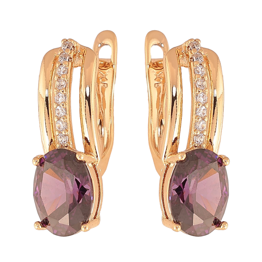 Серьги Xuping цвет Позолота 18К английский замок "Узор с сиреневыми кристаллами"  фото №1