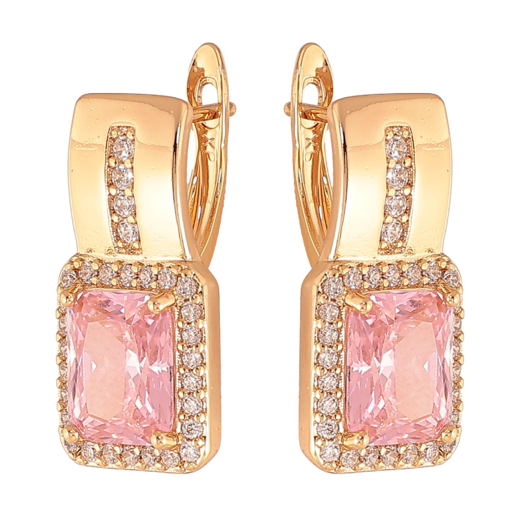 Сережки Xuping колір Позолота 18K англійський замок "Візерунок з рожевими кристалами" фото №2