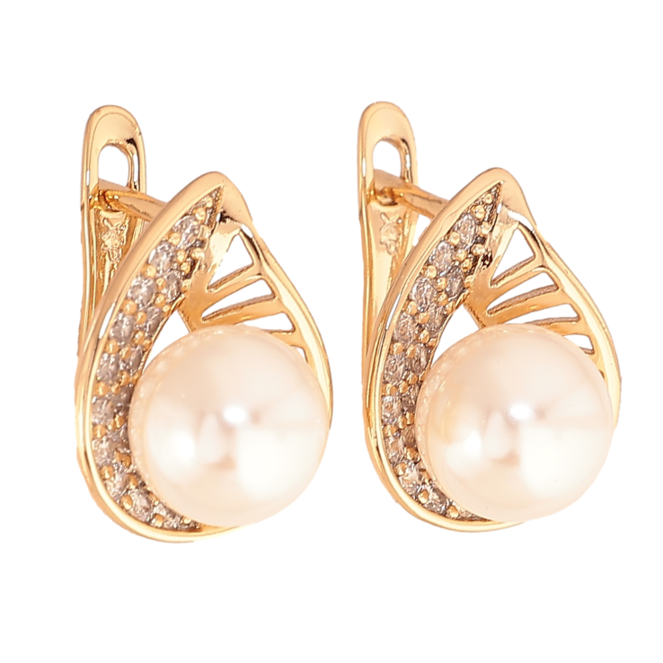 Сережки Xuping колір Позолота 18K англійський замок "Візерунок з кристалами і перлинами" на один бік фото №25