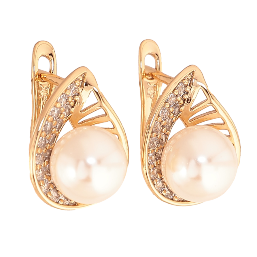 Сережки Xuping колір Позолота 18K англійський замок "Візерунок з кристалами і перлинами" на один бік фото №1 Сережки Xuping колір Позолота 18K англійський замок "Візерунок з кристалами і перлинами" на один бік фото №1