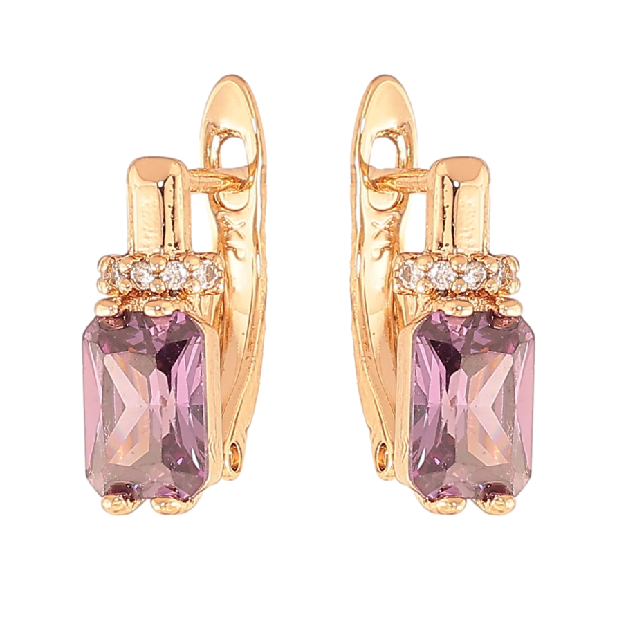 Серьги Xuping цвет Позолота 18K английский замок "Узор с сиреневыми кристаллами" фото №1