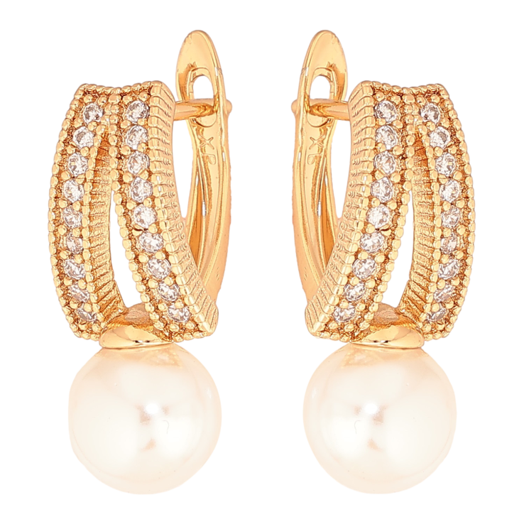 Серьги Xuping цвет Позолота 18К английский замок "Узор с кристаллами и жемчужинами" фото №18