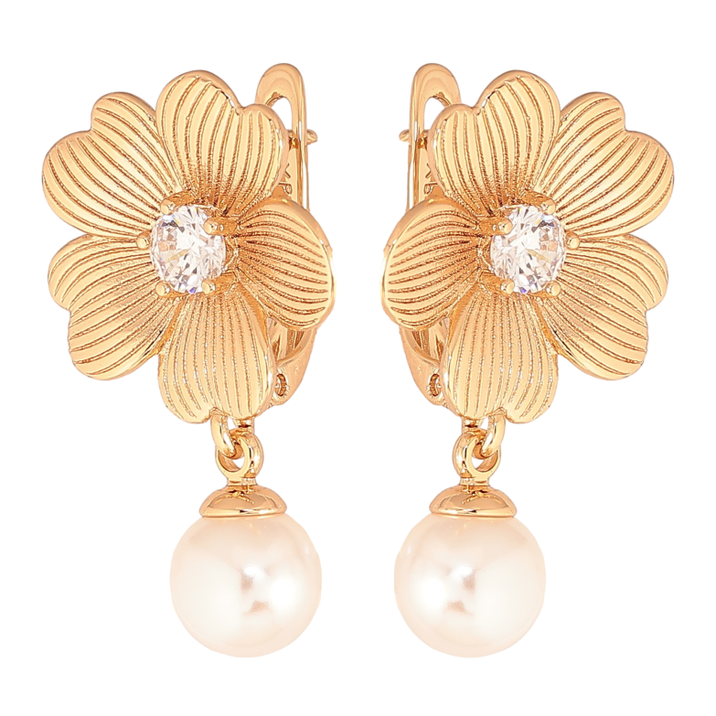 Сережки Xuping колір Позолота 18К англійський замок "Квіточки з перлинними підвісками" фото №1 Сережки Xuping колір Позолота 18К англійський замок "Квіточки з перлинними підвісками" фото №1