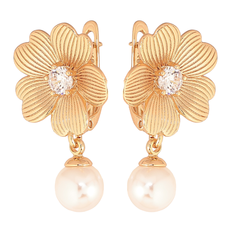 Серьги Xuping цвет Позолота 18К английский замок "Цветочки с жемчужными подвесками" фото №1 Серьги Xuping цвет Позолота 18К английский замок "Цветочки с жемчужными подвесками" фото №1