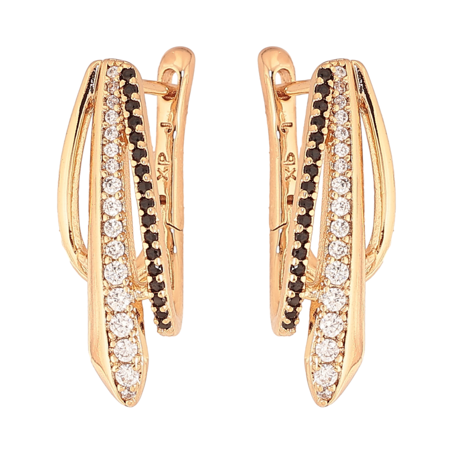 Серьги Xuping цвет Позолота 18К английский замок "Узор с дорожками чорно-белых кристаллами" фото №1