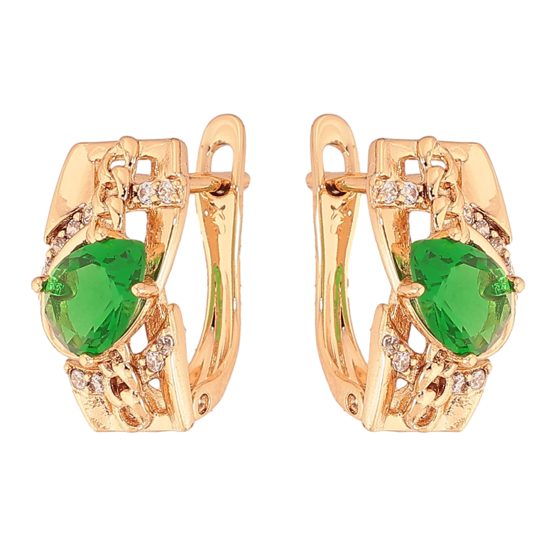 Сережки Xuping колір Позолота 18К англійський замок "Візерунок із зеленими кристалами" фото №5