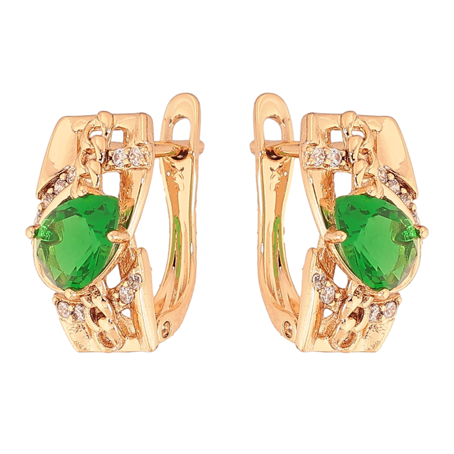 Серьги Xuping цвет Позолота 18К английский замок "Узор с зелеными кристаллами" фото №1