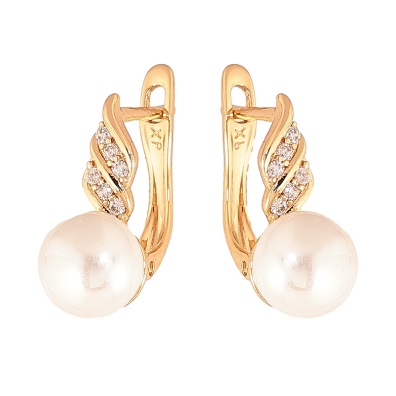 Серьги Xuping цвет Позолота 18К английский замок "Узор с кристаллами и жемчугом" фото №1 Серьги Xuping цвет Позолота 18К английский замок "Узор с кристаллами и жемчугом" фото №1