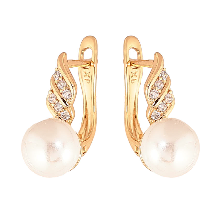 Серьги Xuping цвет Позолота 18К английский замок "Узор с кристаллами и жемчугом" фото №1 Серьги Xuping цвет Позолота 18К английский замок "Узор с кристаллами и жемчугом" фото №1