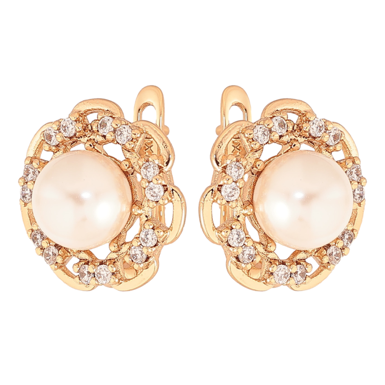 Серьги Xuping цвет Позолота 18К английский замок "Узор с кристаллами и жемчугом" фото №1 Серьги Xuping цвет Позолота 18К английский замок "Узор с кристаллами и жемчугом" фото №1